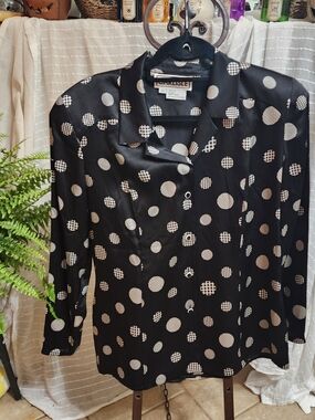 Vintage Carlisle Black Silk Polka Dot Button-Up Blouse